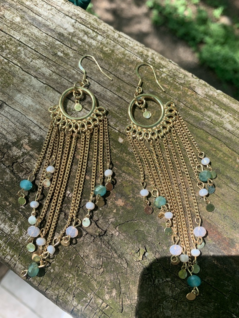 Gold Fringe Drop Earrings with Blue, Green and White Bead Accents
